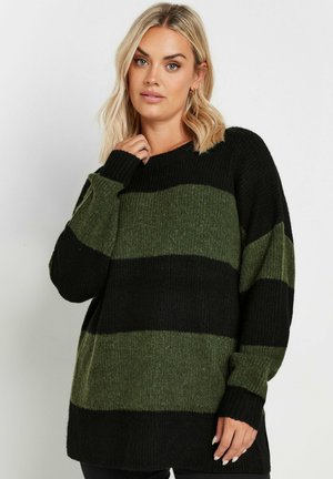Pull en maille à manches longues avec des rayures horizontales vertes et noires, présentant une coupe décontractée, des poignets côtelés et un col rond.