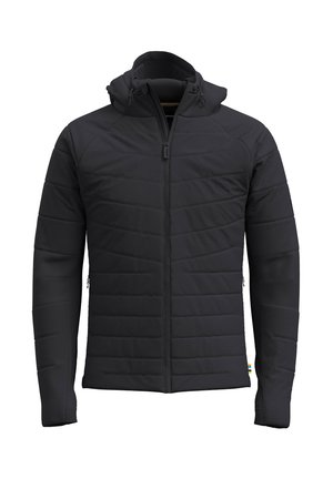 Gefütterte schwarze Jacke mit durchgehendem Reißverschluss, verstellbarem Kapuzen und kontrastierenden horizontalen Nähten. Enthält seitliche Taschen mit Reißverschlüssen.