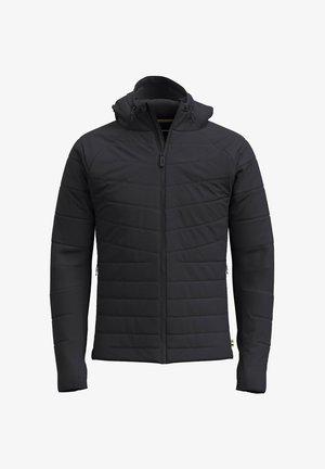 Gefütterte schwarze Jacke mit durchgehendem Reißverschluss, verstellbarem Kapuzen und kontrastierenden horizontalen Nähten. Enthält seitliche Taschen mit Reißverschlüssen.