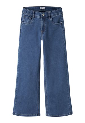 Jean en denim bleu avec taille haute, fermeture à boutons, poches avant et jambes larges droites.