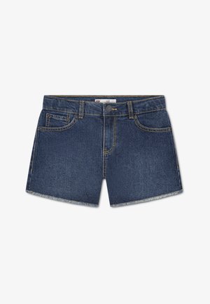 Sötétkék farmer rövidnadrágak, szakadt szegéllyel, öt zsebbel és sárga varrással. Elöl gombos záródás és övbújtatók.