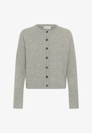 Světle šedý pletený kardigan s kulatým výstřihem, žebrovanými manžetami, zapínáním na černé knoflíky a zkráceným spodním okrajem.