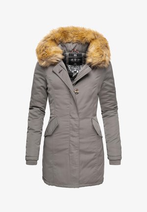 Grijze winterjas voor dames met een kap afgezet met bont, knoop- en ritssluiting, twee voorzakken met klep en geribbelde manchetten.