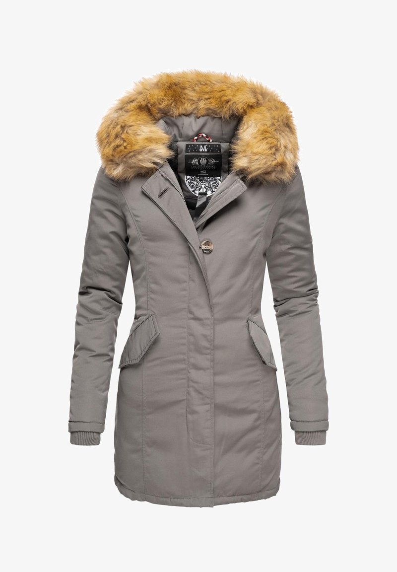 Manteau d'hiver gris pour femme avec capuche bordée de fourrure, fermeture à boutons et à glissière, deux poches avant à rabat et poignets côtelés.