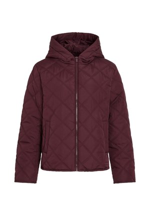 Gequiltete Kapuzenjacke in tiefburgunder. Mit einem Reißverschluss, diagonalen Nähmustern und seitlichen Taschen. Weiches, leichtes Material.
