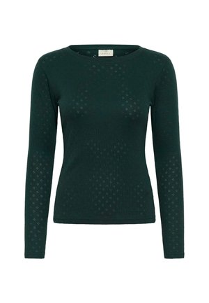 Suéter verde de manga larga con cuello redondo, que presenta un patrón texturizado de pequeños rombos en toda la tela. Diseño suave y ajustado.