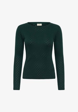 Suéter verde de manga larga con cuello redondo, que presenta un patrón texturizado de pequeños rombos en toda la tela. Diseño suave y ajustado.