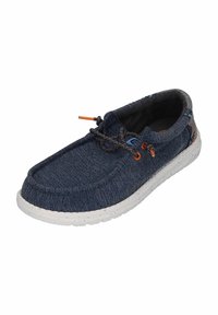 Scarpa slip-on in denim blu scuro con accenti arancioni, suola bianca maculata e interno testurizzato. Presenta una chiusura con lacci sicura.