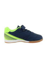 Marineblaue Sportschuh mit grünem Akzent und gestreiftem Design, ausgestattet mit einem Klettverschluss und einer Gummisohle für verbesserten Grip und Unterstützung.