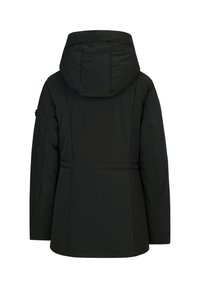 Zwarte gewatteerde jas met een capuchon, tailleband en een gladde afwerking. Voorzien van gestikte panelen en een minimalistisch ontwerp. Over het geheel genomen een stijlvolle bovenkledingoptie.