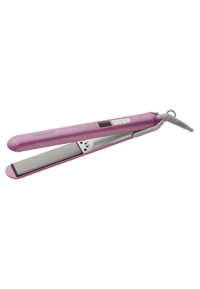 Lisseur de cheveux rose avec une plaque en argent, panneau de contrôle numérique et prise en main texturée. Design avec cordon, bords arrondis et finition lisse.
