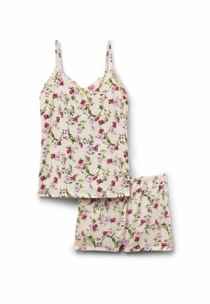 Kremfarvet blomstrede pyjamas med spaghettistrop top og matchende shorts med pink og grønne blomstermønstre.