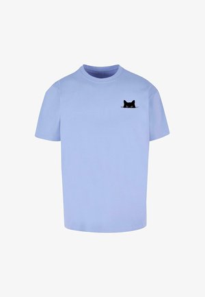 Lichtblauw katoenen t-shirt met korte mouwen en een ronde halslijn, met een grafische afbeelding van een zwarte kat op de linkerkant van de borst.