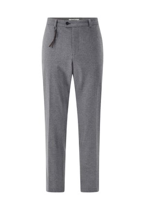 Gray, tailored pants made from a textured fabric, featuring a button closure and a decorative drawstring accent at the waist.