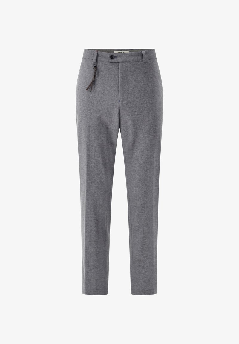 Gray, tailored pants made from a textured fabric, featuring a button closure and a decorative drawstring accent at the waist.
