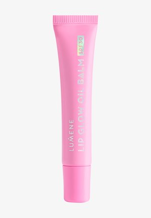 Rosa Tube von Lumene Lip Glow Oil Balm mit Lichtschutzfaktor 30, entwickelt zur Lippenbefeuchtung und Sonnenschutz.