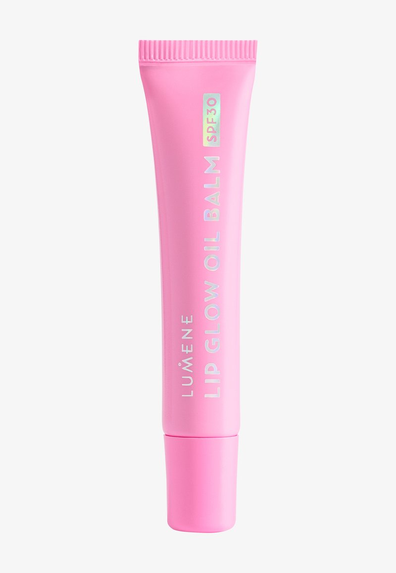 Rosa tube med Lumene Lip Glow Oil Balm med SPF 30, designet for leppefuktighet og solbeskyttelse.