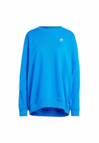 Sudadera Adidas azul brillante con mangas largas, puños acanalados y pequeño logo blanco de Adidas trefoil en el pecho izquierdo.