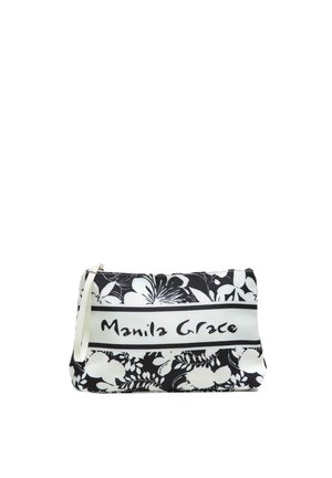Piccola pochette da polso con motivo floreale bianco e nero, con cerniera e la scritta "Manila Grace" sul pannello frontale centrale.