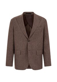 Blazer marron à simple boutonnage avec revers crantés, deux poches avant à rabat et une fermeture à un bouton, présenté sur un fond blanc.