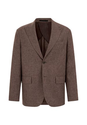 Brauner einreihiger Blazer mit Notch-Revers, zwei vorderen Pattentaschen und einem Knopfverschluss, auf weißem Hintergrund dargestellt.