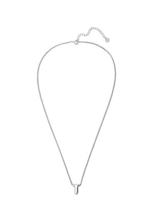 Collier en argent avec un pendentif simple en forme de lettre "T". La chaîne est délicate avec une texture subtile et un fermoir ajustable.