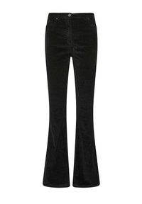 Zwarte corduroy flared jeans met voorzakken, gestructureerde stof en een knoopsluiting bij de taille. Gladde afwerking en traditioneel ontwerp.