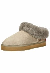 Beige suede slipper with a grey fur cuff, rubber sole, and decorative stitching. Features a small logo on the side and a plush texture.
