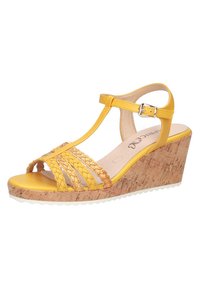 Yellow wedge sandal featuring braided straps, cork wedge sole, and an adjustable ankle buckle. Smooth texture with a rounded toe design.