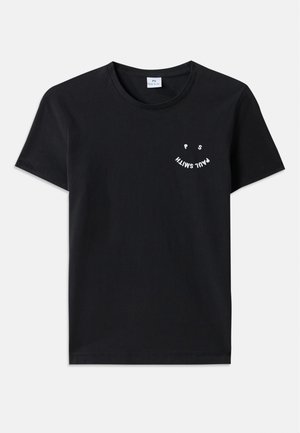 Black cotton t-shirt with a round neck and short sleeves. Features white graphic text in a curved design on the front. Minimalist style.