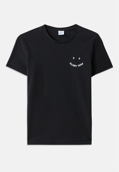 Black cotton t-shirt with a round neck and short sleeves. Features white graphic text in a curved design on the front. Minimalist style.