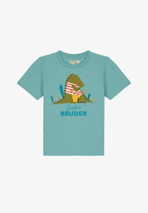 Teal katoen t-shirt met een graphic van twee cartoonalligators, waarvan één groter is en een gestreept shirt draagt. Onder de afbeelding staat de tekst "Großer Bruder".
