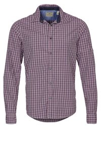 Gecheckte button-down shirt in rood, marineblauw en wit. Katoenen stof, lange mouwen, normale kraag en marineblauwe accenten bij de kraag en manchet.