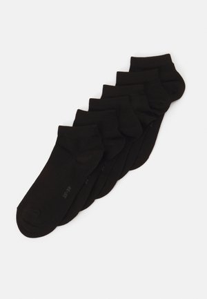 Chaussettes noires jusqu'à la cheville en mélange de coton extensible, avec un bord côtelé et une texture lisse, disposées en rangée.