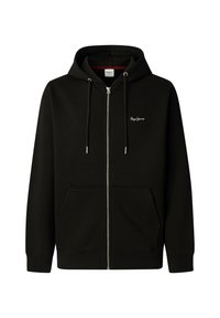 Μαύρο φούτερ με φερμουάρ φτιαγμένο από μαλακό ύφασμα. Διαθέτει κουκούλα, μπροστινές τσέπες και ένα μικρό λογότυπο στο στήθος. Απαλή υφή, ριμπ μανσέτες.
