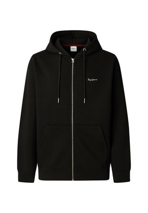 Mustat vetoketjuhuppari pehmeästä kankaasta. Varustettu hupulla, etutaskuilla ja pienellä logolla rinnassa. Sileä pinta, resorit hihansuissa.