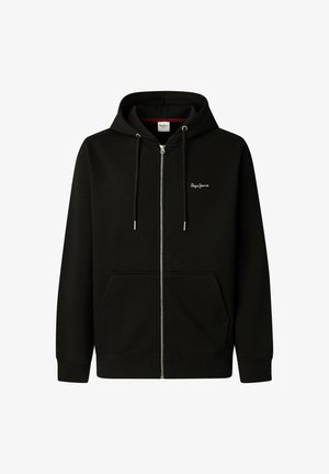 Sudadera con cremallera negra hecha de un tejido suave. Cuenta con capucha, bolsillos frontales y un pequeño logo en el pecho. Textura suave, puños de canalé.