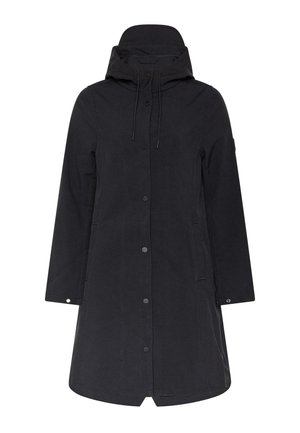 Black waterproof coat with a hood, secured by a central button closure. Features a straight cut and side pockets for practicality.