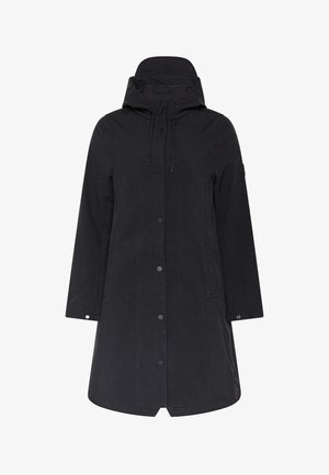 Black waterproof coat with a hood, secured by a central button closure. Features a straight cut and side pockets for practicality.