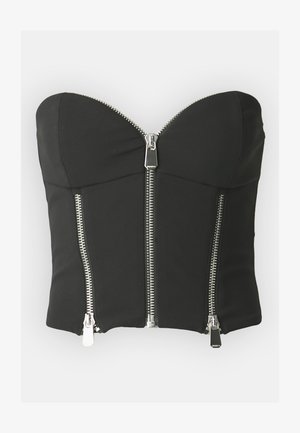 Svart croppet bustier med stroppeløst design, featuring to sølvglidelåser foran og en glatt, elastisk stofftekstur.