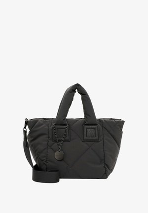 Kultuuritud musta nailonkott kahe lühikese käepideme, eemaldatava õlavarre rihma, nahkdetailide ja ripatsiga. Tekstureeritud viimistlus.