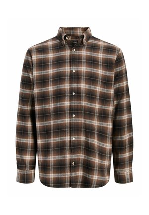Chemise à manches longues avec boutons, motif à carreaux marron, noir et blanc, et col boutonné.
