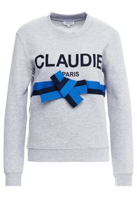 Szara bluza z wyraźnym napisem "CLAUDIE PARIS". Ozdobiona niebieskimi i granatowymi wstążkami ułożonymi w kokardę na piersi. Miękka w dotyku tkanina.
