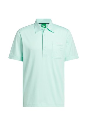 Helehelesinine-roheline puuvillasest materjalist polo-särk, millel on nööbitav plake, lühikesed varrukad, rinnatasku ja peen logo detail.