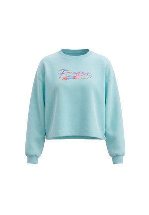 Lyseblå cropped sweatshirt med lange ærmer og farverig "Freedom" tekst hen over brystet.