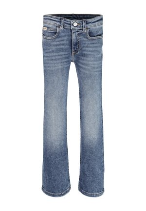 Jean en denim bleu avec légère décoloration, bouton et fermeture éclair à l'avant, cinq poches et coupe droite sur fond blanc.