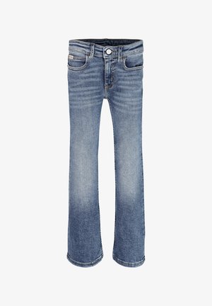Jean en denim bleu avec légère décoloration, bouton et fermeture éclair à l'avant, cinq poches et coupe droite sur fond blanc.
