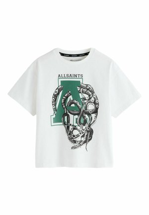 White cotton t-shirt featuring a green letter "A" and a black snake graphic. Short sleeves and a crew neckline. Soft texture.