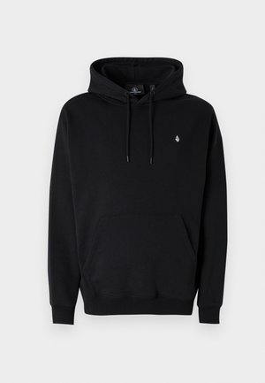Black hoodie made of cotton blend with a kangaroo pocket, drawstring hood, ribbed cuffs, and a small logo on the left chest.