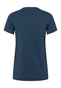 Kratki rukav tamnoplave majice od mekog pamuka, s klasičnim okruglim izrezom i ravnim rubom bez vidljivih uzoraka ili ukrasa.